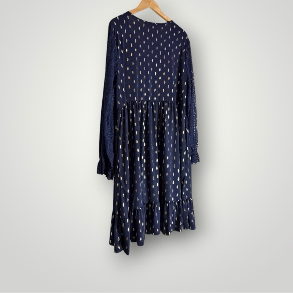 Suzanne Betro Gold Leaf Print Empire Dress Sz 1X Lace Sleeve Ruffle Cuff Pockets - Picture 5 of 8